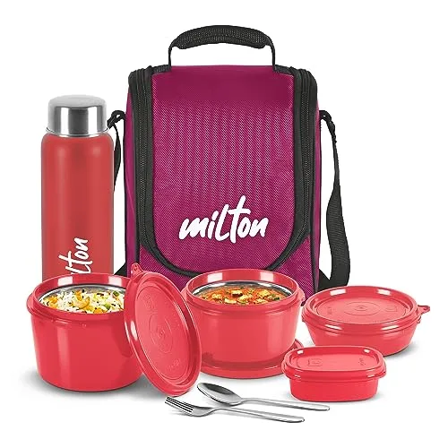 MILTON Pro Lunch Box with Steel Cutlery, 3 Microwave Safe Inner Steel Containers (180 ml, 320 ml, 450 ml), Plastic Chutney Dabba,100 ml, Bot at ₹618