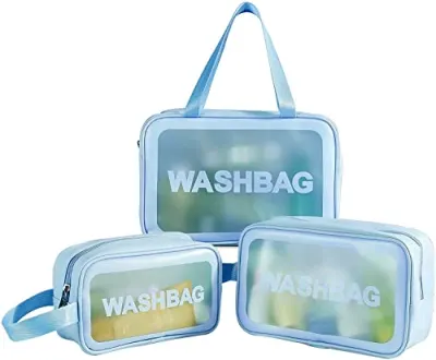 FLYNGO Pvc Clear Makeup Pouch Set, Cosmetic Organizer Bag for Women and Girls Travel Waterproof Toiletry Storage Kit (Set of 3 Light Blue) at ₹256