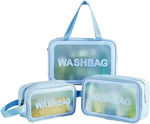 FLYNGO Pvc Clear Makeup Pouch Set, Cosmetic Organizer Bag for Women and Girls Travel Waterproof Toiletry Storage Kit (Set of 3 Light Blue) at ₹256