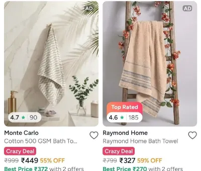 Raymond Home, Ddecor , Monte Carlo Towels, Raymond Home bedsheet and 1 more