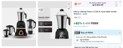 Edel by Lifelong Premio 2.0 800 W Grinder 4 jar at ₹999