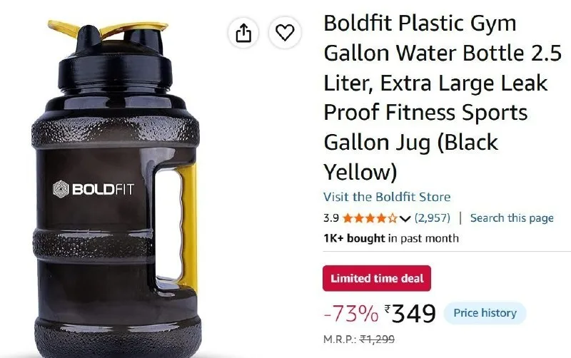 Boldfit Plastic Gym Gallon Water Bottle 2.5 Liter at ₹349