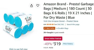 Presto! Garbage Bags | Medium | 180 Count at ₹319