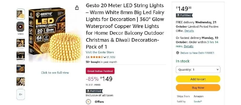 Gesto 20 Meter LED String Lights at ₹149