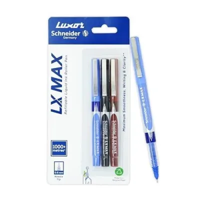 Luxor Schneider LX MAX roller ball pen, Pack of 3-Blue+Black+Red, Needle Tip, 0.5mm, 100% German Technology, 1000+ mtrs writing length, Wate at ₹120