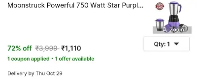 Moonstruck Powerful 750 Watt Star Purple 3 Jar Mixer Grinder 3 Jars Purple at ₹1,110