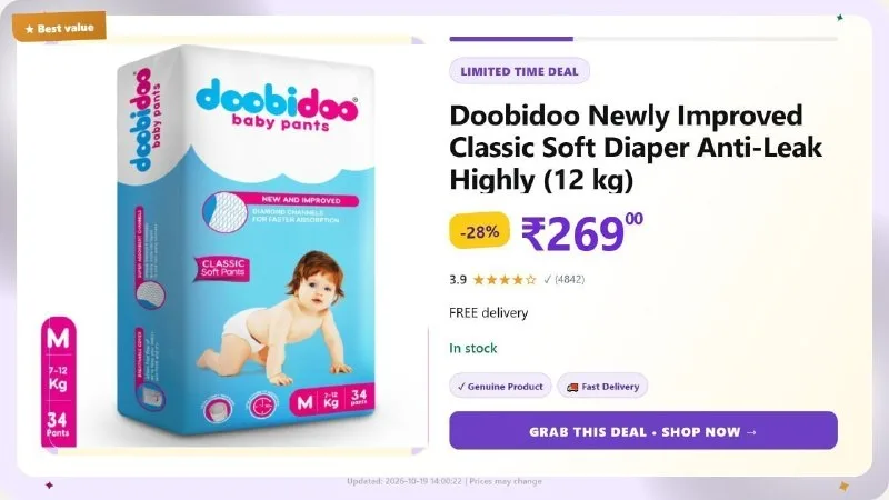 Doobidoo Newly Improved Classic Soft Diaper M (34 Pieces) at ₹269