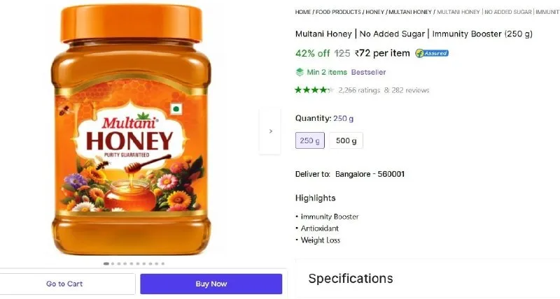 Multani Honey, No Added Sugar (250 g) at ₹72