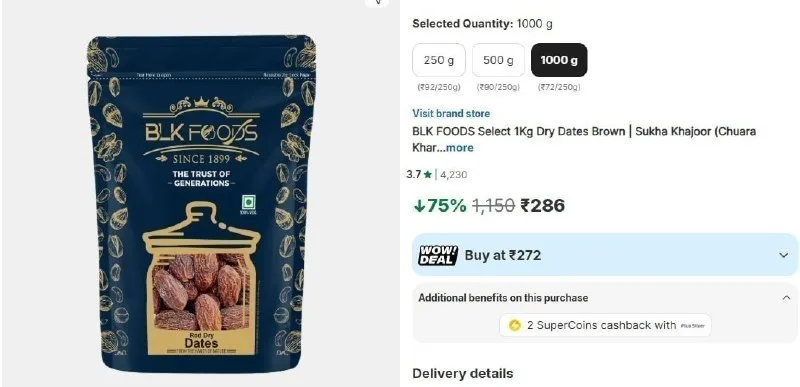 Premium Dry Dates, 1Kg at ₹286