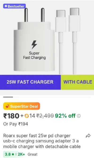 Roarx super fast 25w pd charger usb - c charging samsung adapter 3 a mobile charger with detachable cable at ₹180