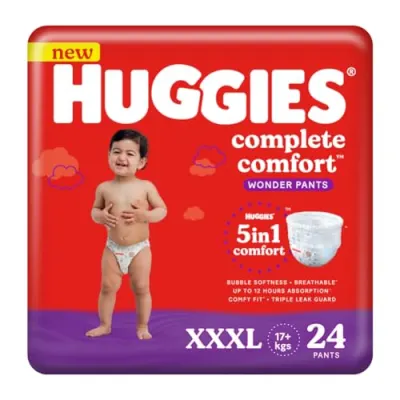 Huggies Complete Comfort Wonder Pants Triple Extra Large (XXXL) Size (17 Kgs+) Baby Diaper Pants, 24 count|5 benefits in 1 diaper| Bubble Be at ₹644