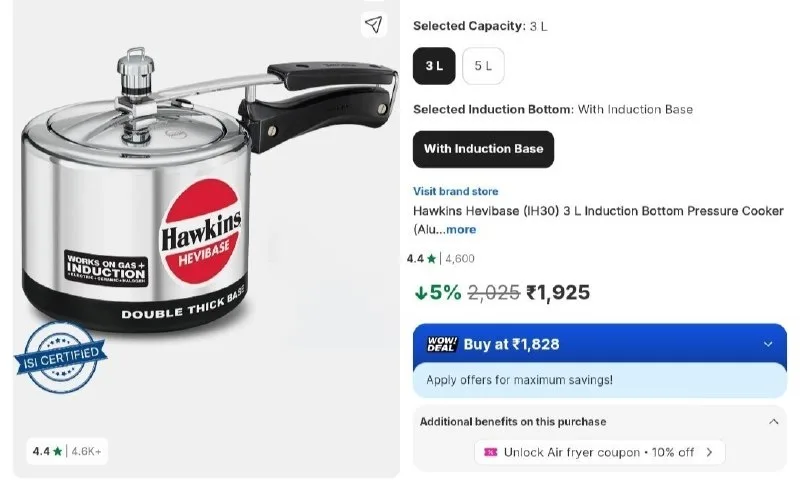 Hawkins Hevibase IH30 Induction Pressure Cooker, 3L (Aluminium) at ₹1,925