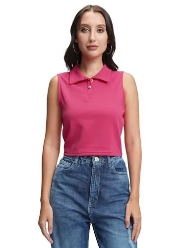 Tokyo Talkies Women's Sleeveless Collared Crop T-Shirt | Sporty & Chic for A Trendy Look | Sleeveless | Sporty & Casual | Tops for Woman | W at ₹199