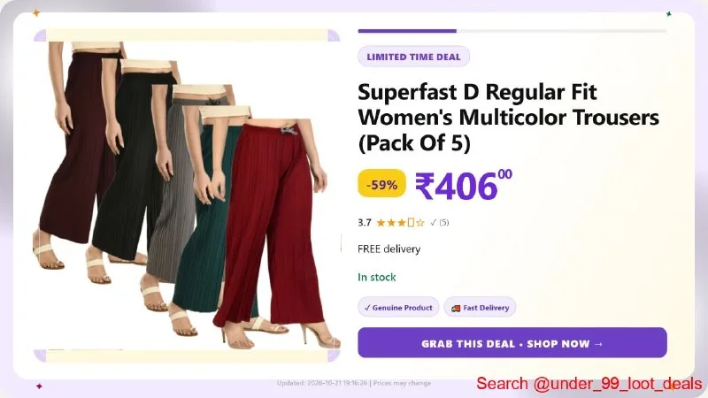 Superfast D Regular Fit Women's Multicolor Trousers (Pack Of 5) at ₹406