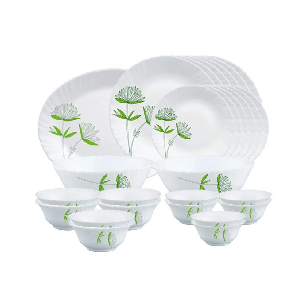 Larah By Borosil Green Lily Opalware Dinner Set, 27 Pcs, White at ₹1,669