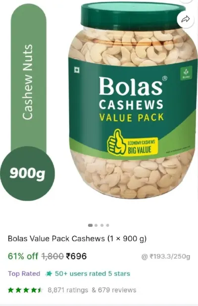 Bolas Value Pack Cashews 900g at ₹696