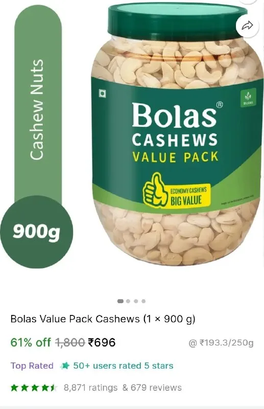 Bolas Value Pack Cashews 900g at ₹696