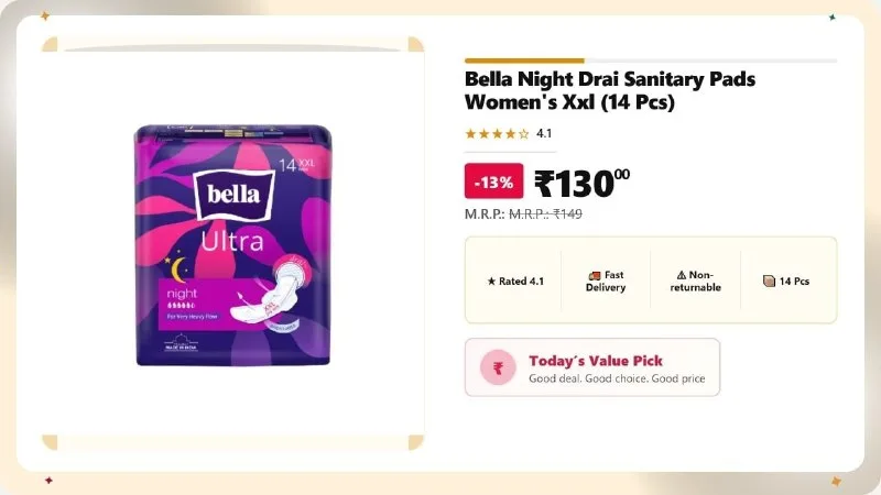Bella Night Sanitary Pads, XXL (14 Pcs) at ₹130