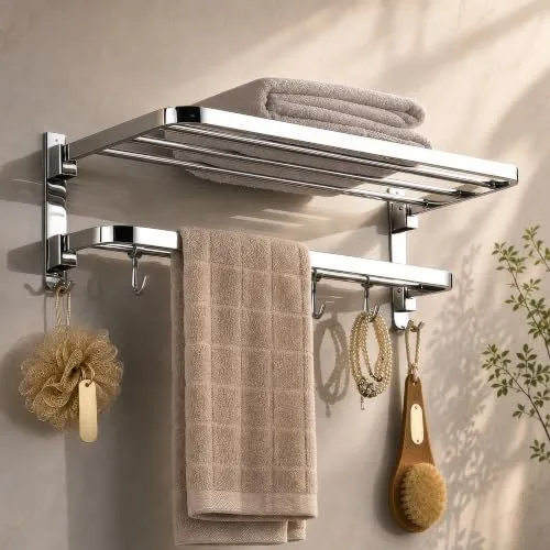 Plantex 304 Grade Stainless Steel Towel Hanger for Bathroom/Dual Folding Towel Rack/Towel Holder/Bathroom Accessories (24-Inch) Chrome at ₹1,459