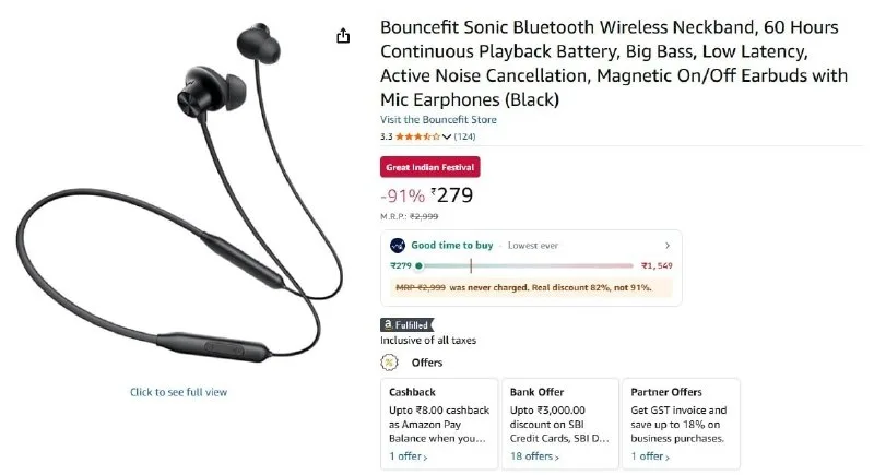 Bouncefit Sonic Bluetooth Wireless Neckband at ₹279