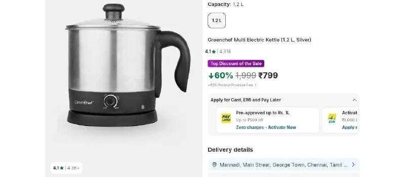 Greenchef 1.2 Litre Multi Purpose Kettle With Glass lid at ₹799
