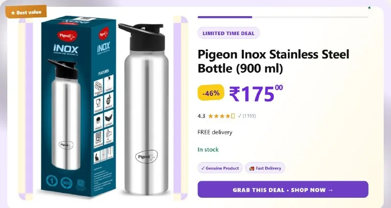 Pigeon Inox Stainless Steel Bottle (900 ml) at ₹175
