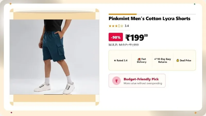 Pinkmint Men’s Cotton Lycra Shorts at ₹199