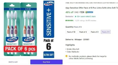 Ultra Soft Toothbrush (Pack of 6) at ₹124