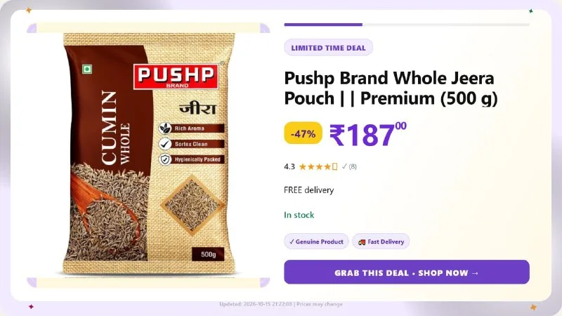 Pushp Brand Whole Jeera Pouch | | Premium (500 g) at ₹187