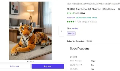 Tiger Animal Soft Plush Toy at ₹186