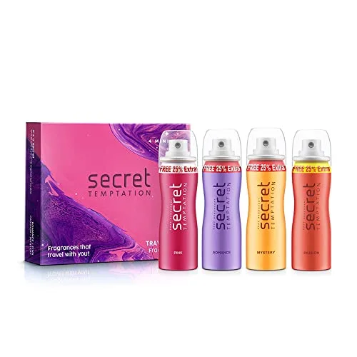 Secret Temptation Travel Pack with Pink, Romance, Mystery and Passion Mini Deodorant for Women,Pack of 4 (50ml each) at ₹189