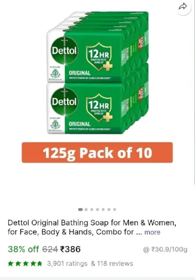 Dettol Original Bathing Soap, Pack of 10 × 125g at ₹386