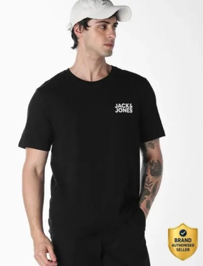 Jack and Jones Men Typography Round Neck Cotton Blend Black T-Shirt at ₹399