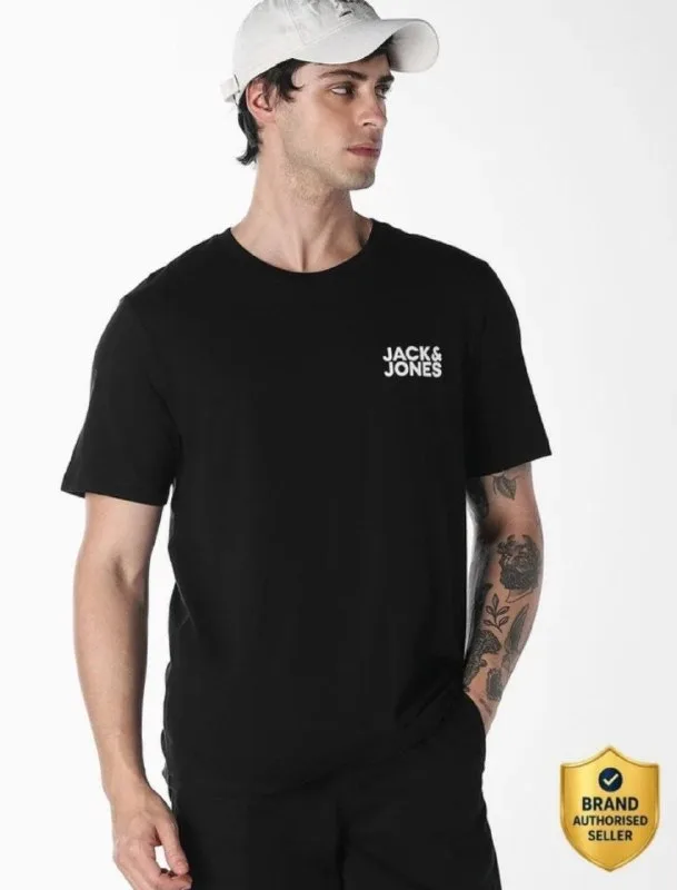 Jack and Jones Men Typography Round Neck Cotton Blend Black T-Shirt at ₹399
