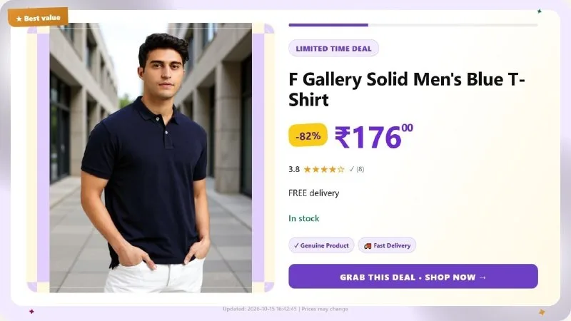 F Gallery Solid Men's Blue T-Shirt at ₹176