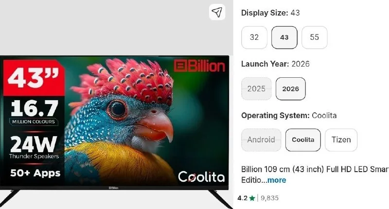 Billion (43 inch) Full HD LED Smart Coolita TV at ₹13,549
