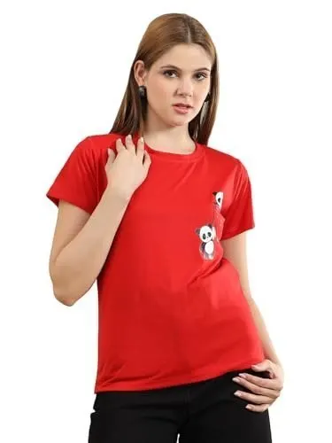 bearbrother Women Regular Fit Printed Red Half Sleeves Round Neck Tshirt at ₹149