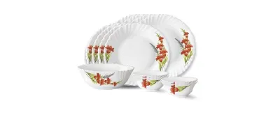 Larah by Borosil Red Iris Fluted Series Opalware Dinner Set | 13 Pieces for Family of 4 at ₹999
