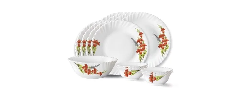 Larah by Borosil Red Iris Fluted Series Opalware Dinner Set | 13 Pieces for Family of 4 at ₹947