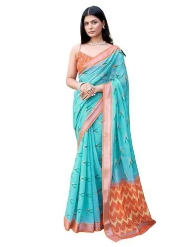 SIRIL Women's Cotton Linen Ikkat Printed Saree With Unstitched Blouse Piece at ₹237
