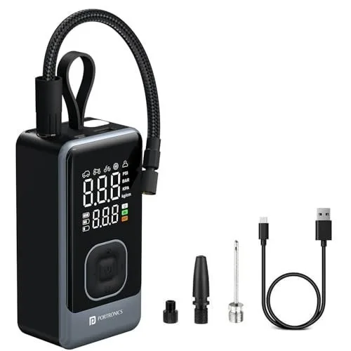 Portronics Vayu 8.0, Digital Rechargeable Tyre Inflator with In-Built Hanging Support, 2×2000mAh Batteries, Auto Shut Off, LED Light, SOS, P at ₹1,407