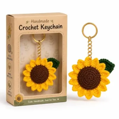 Handmade Crochet Sunflower Keychain for Women & Girls, Cute Yellow Flower Key Ring Charm, Soft Yarn Knitted Gift, Bag Charm, Car Key Holder, at ₹59