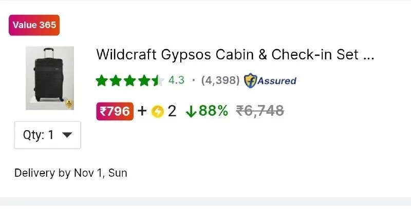 Wildcraft Gypsos Cabin & Check-in Set 4 Wheels - 22 inch at ₹796