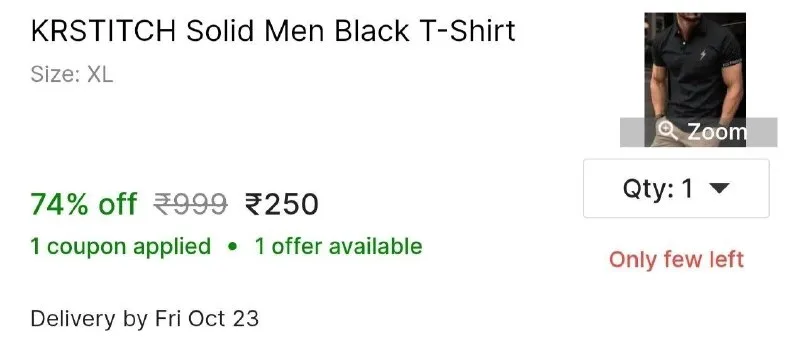 KRSTITCH Solid Men Black T-Shirt at ₹250