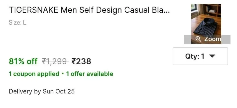 TIGERSNAKE Men Self Design Casual Black Shirt at ₹238