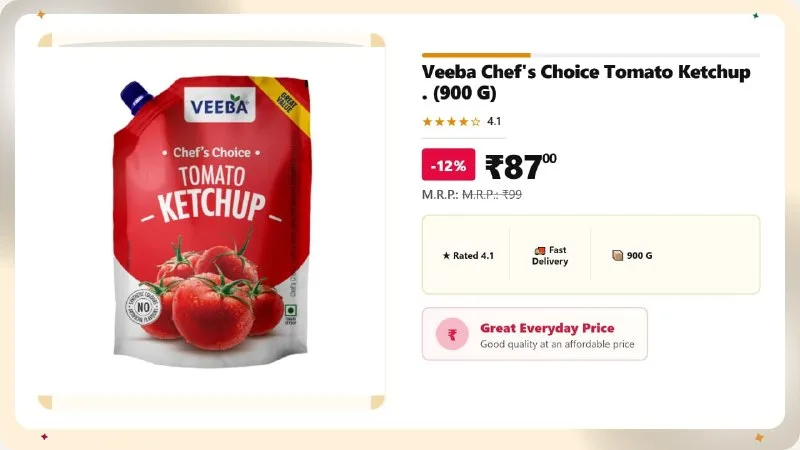 Veeba Chef's Choice Tomato Ketchup (900 G) at ₹87