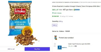 Kitoko Roasted Unsalted Annagiri Chana, 200 gm at ₹67