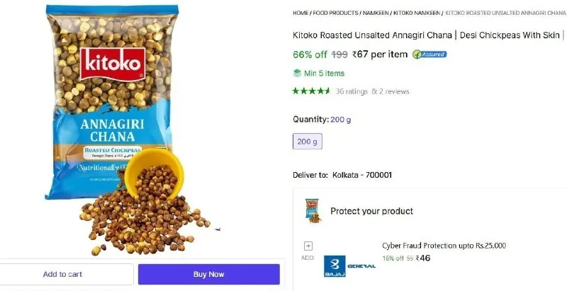 Kitoko Roasted Unsalted Annagiri Chana, 200 gm at ₹67