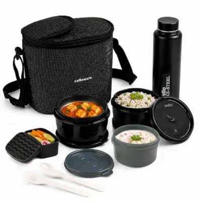 CELLO Munch Mate Lunch Box with Bag for Office Use Black | 375ml x 2 Microwave Safe Containers, 300ml + 175ml Plastic Containers, 800ml Wate at ₹525