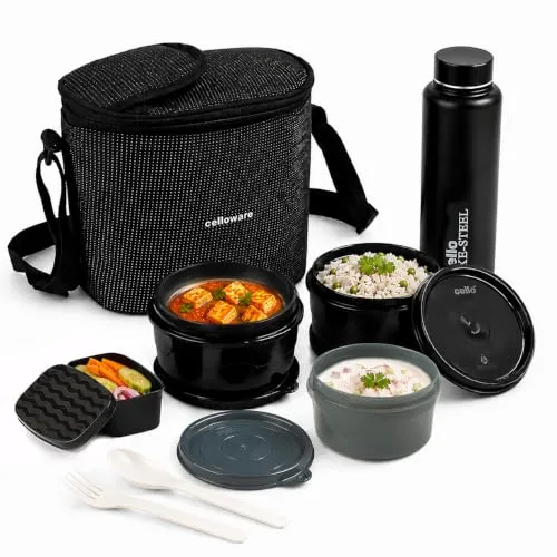 CELLO Munch Mate Lunch Box with Bag for Office Use Black | 375ml x 2 Microwave Safe Containers, 300ml + 175ml Plastic Containers, 800ml Wate at ₹525